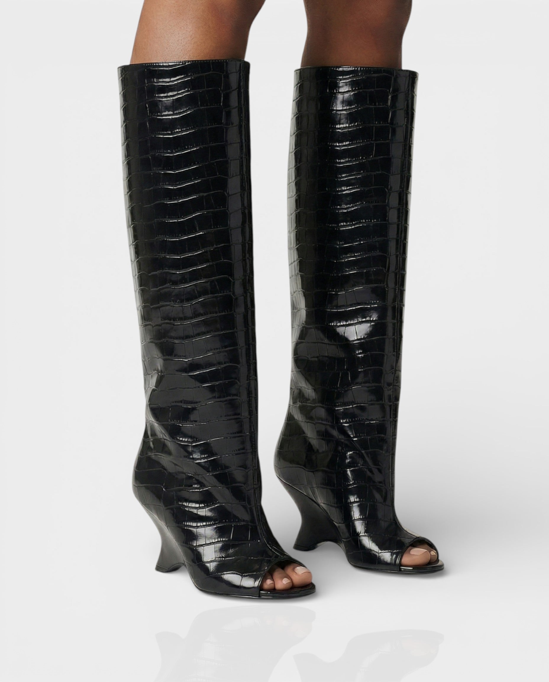 HELIRA | Peep Toe Wedge Knee High Boots