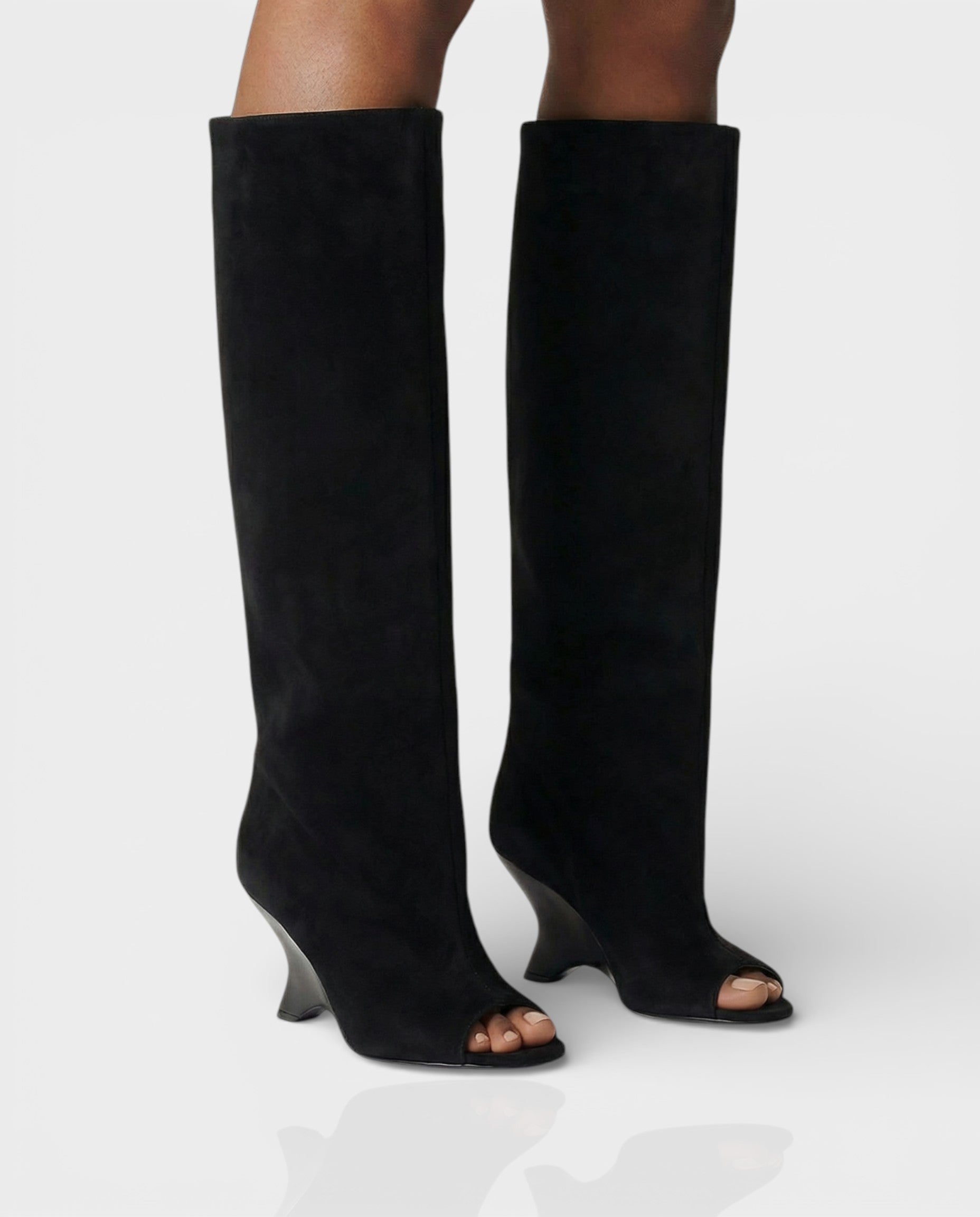 HELIRA | Peep Toe Wedge Knee High Boots
