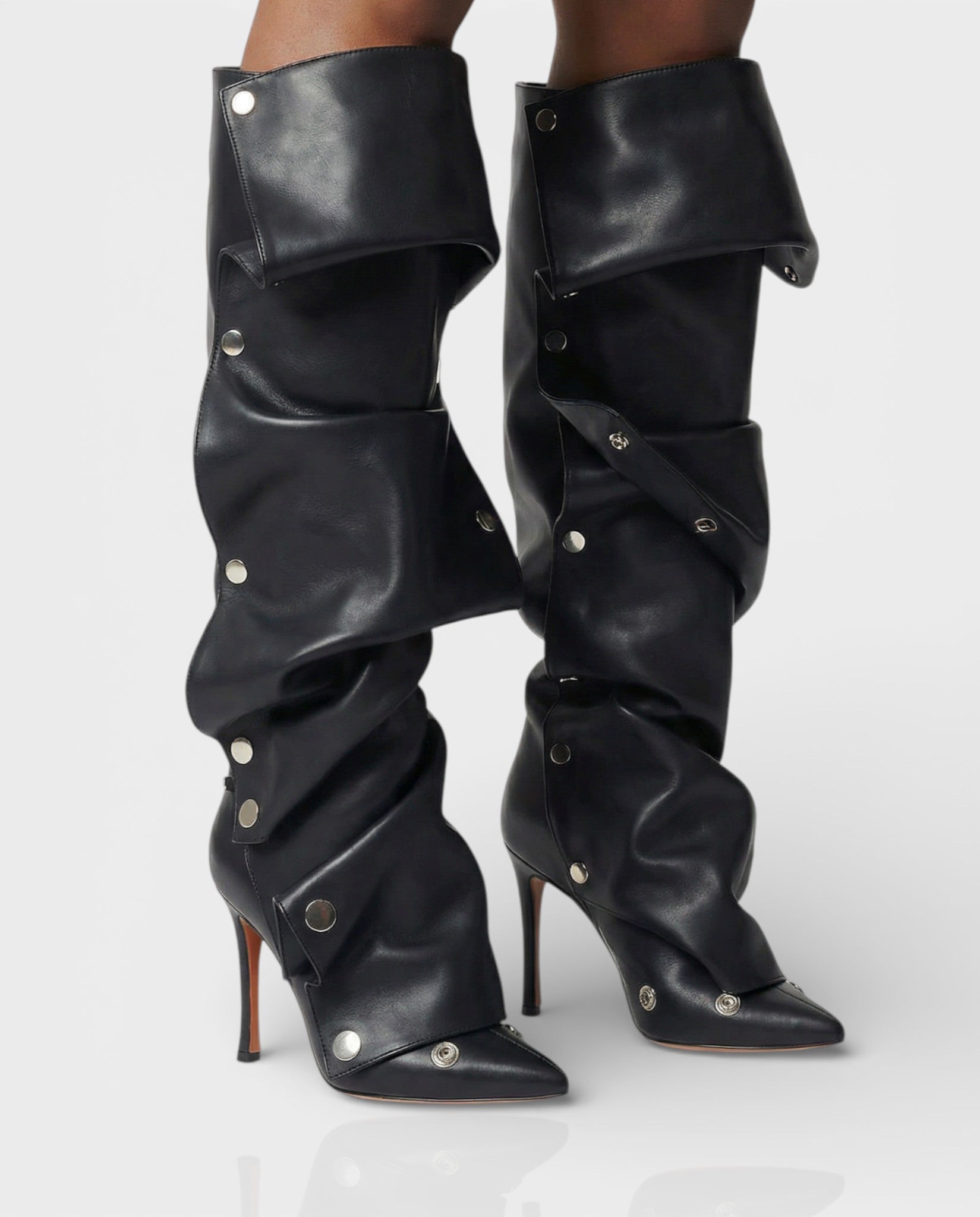 KIVARA | Stiletto Heel Fold-Over Rivet Knee-High Boots