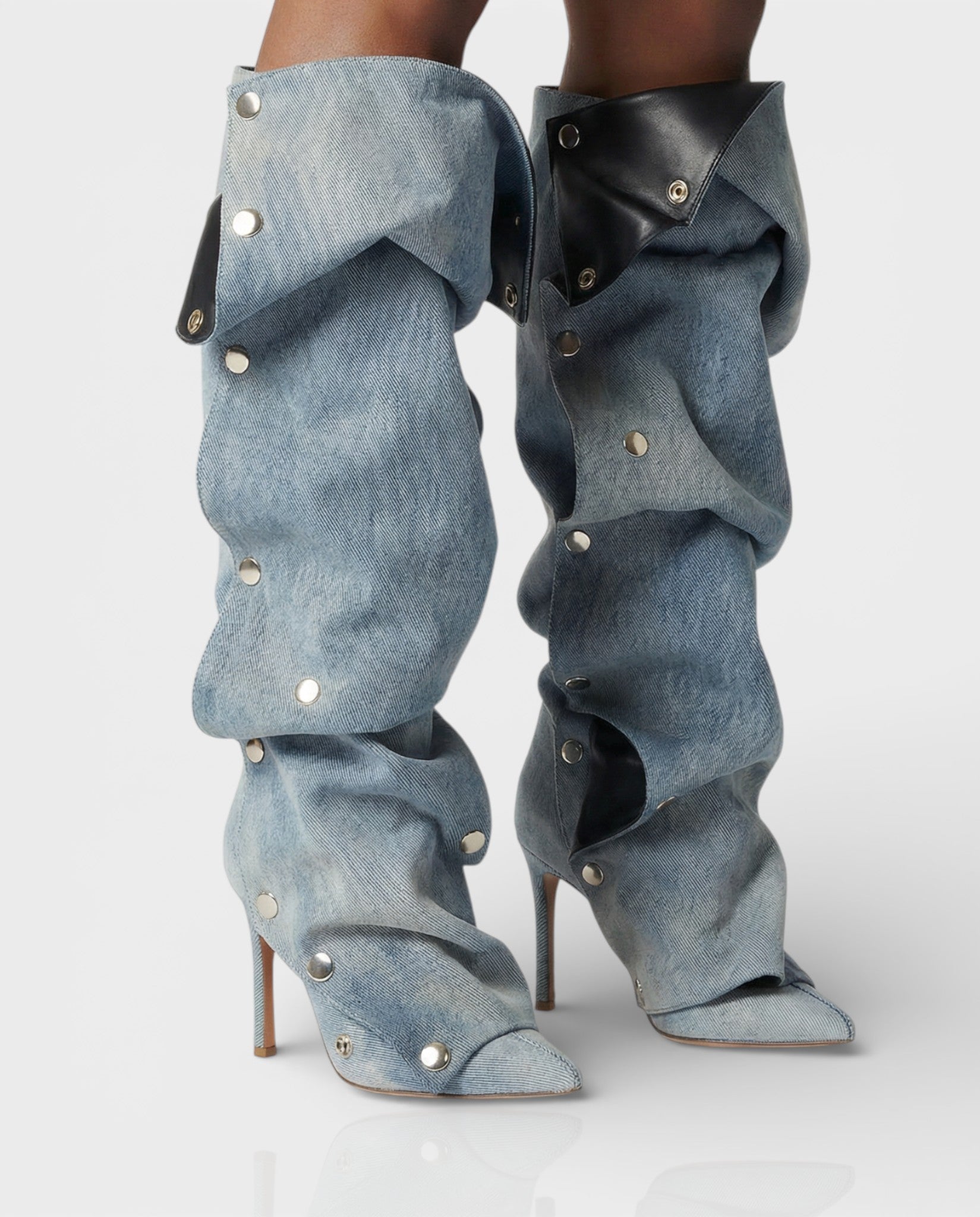 KIVARA | Stiletto Heel Fold-Over Rivet Knee-High Boots