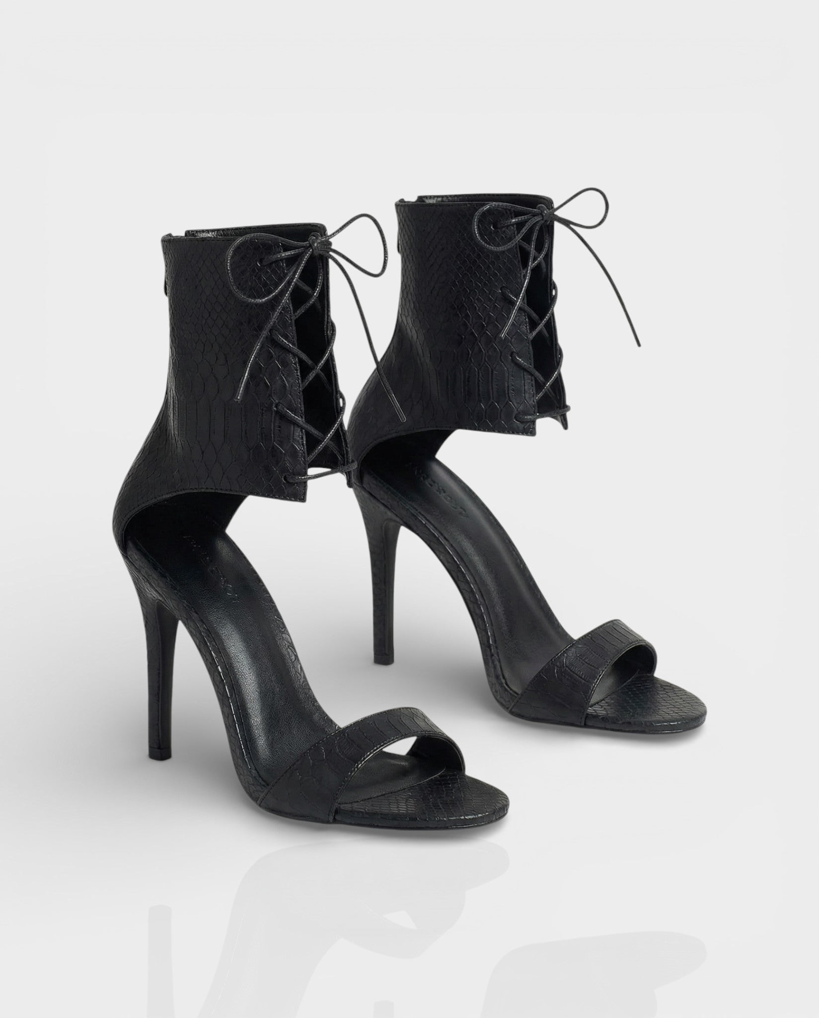 AMITY | Black Faux Snake Skin Lace-Up High Heels