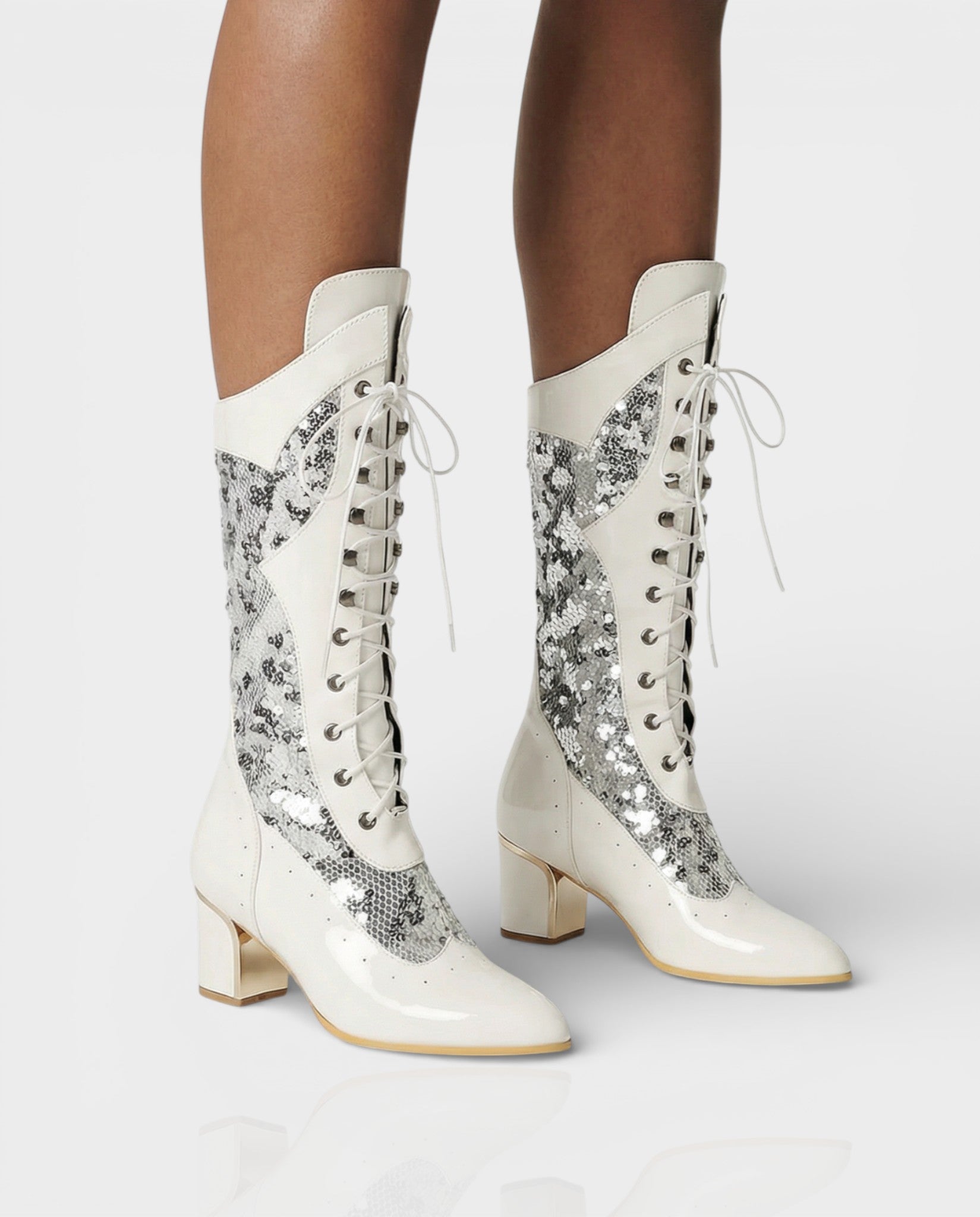 AROLA | Lace-Up Embroidered Mid-Calf Boots