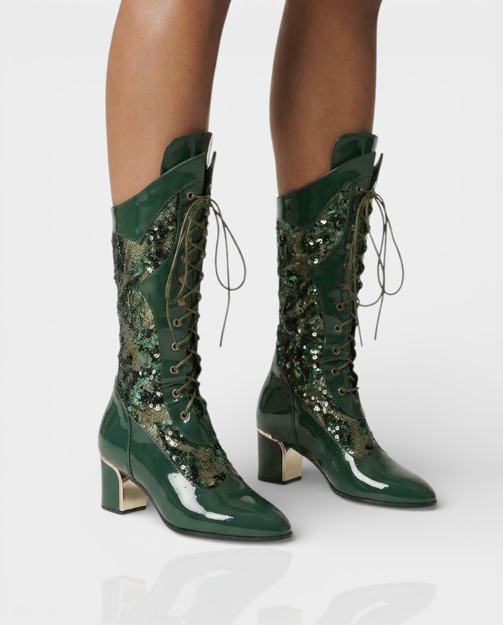 AROLA | Lace-Up Embroidered Mid-Calf Boots