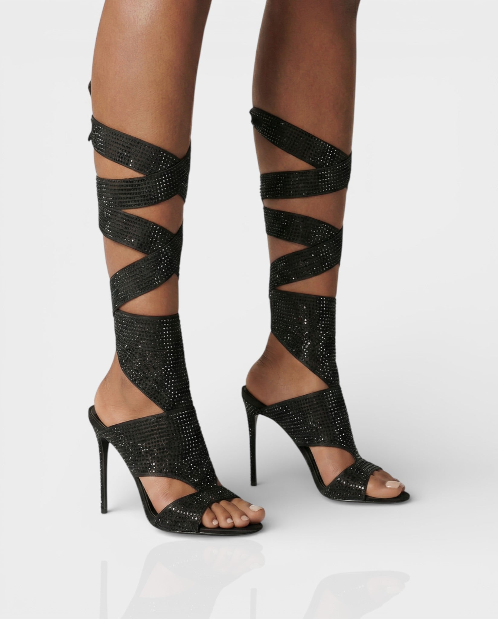 BRIANNE | Square Head Rhinestone Lace-Up Knee High Heels