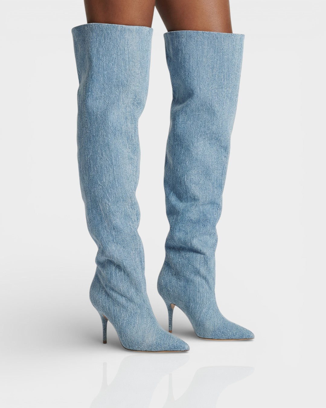 DAVIRA | Wide Calf Denim Stiletto Thigh-High Boots
