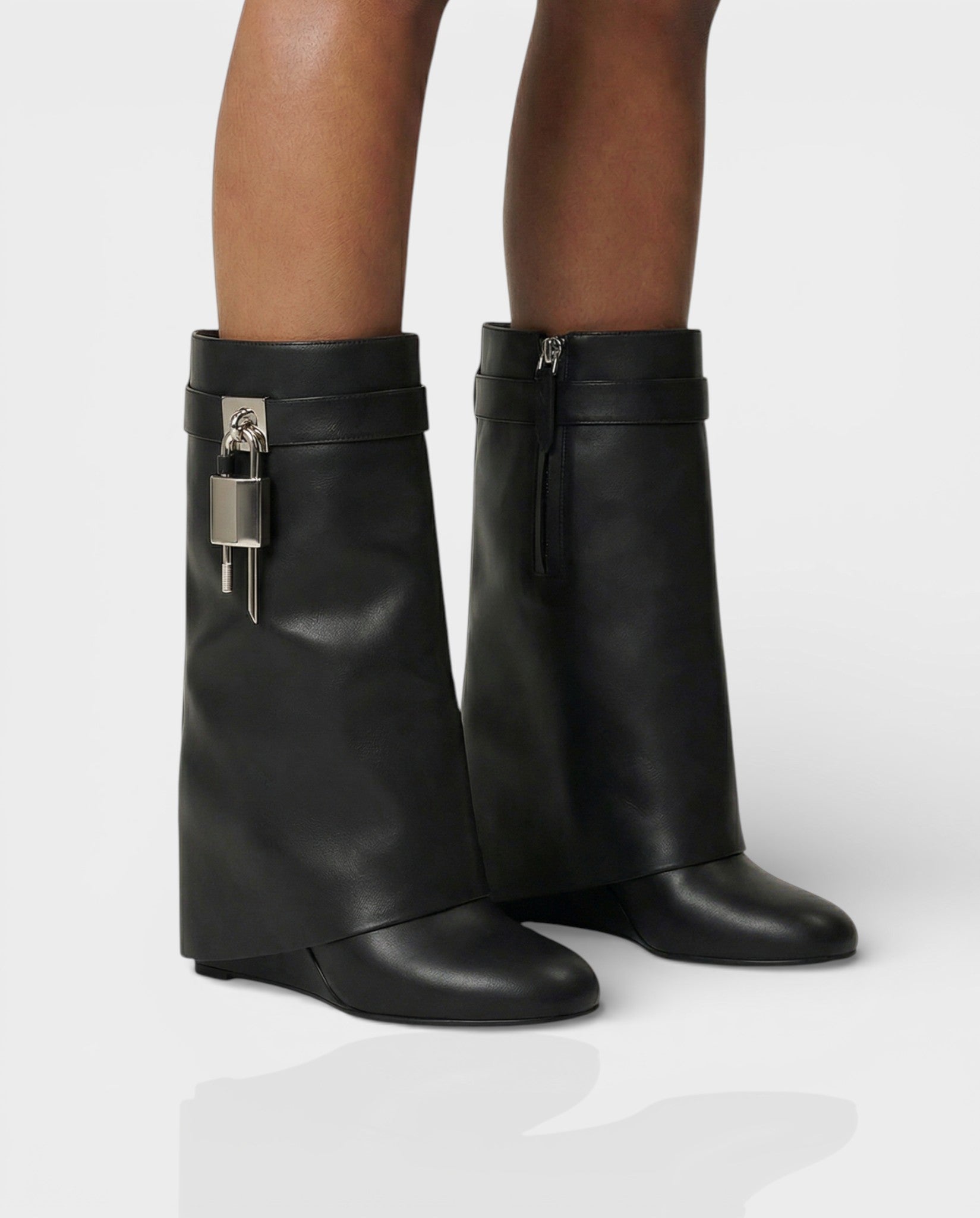 AVELINE | Padlock Wedge Faux Leather Ankle Boots