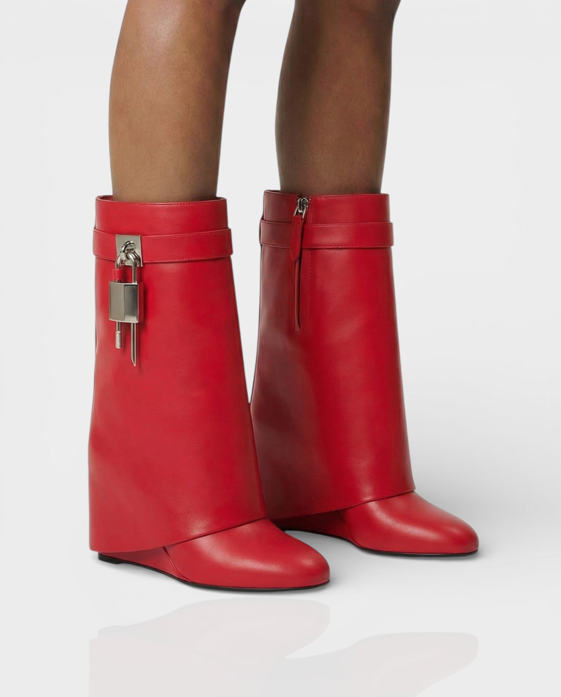 AVELINE | Padlock Wedge Faux Leather Ankle Boots
