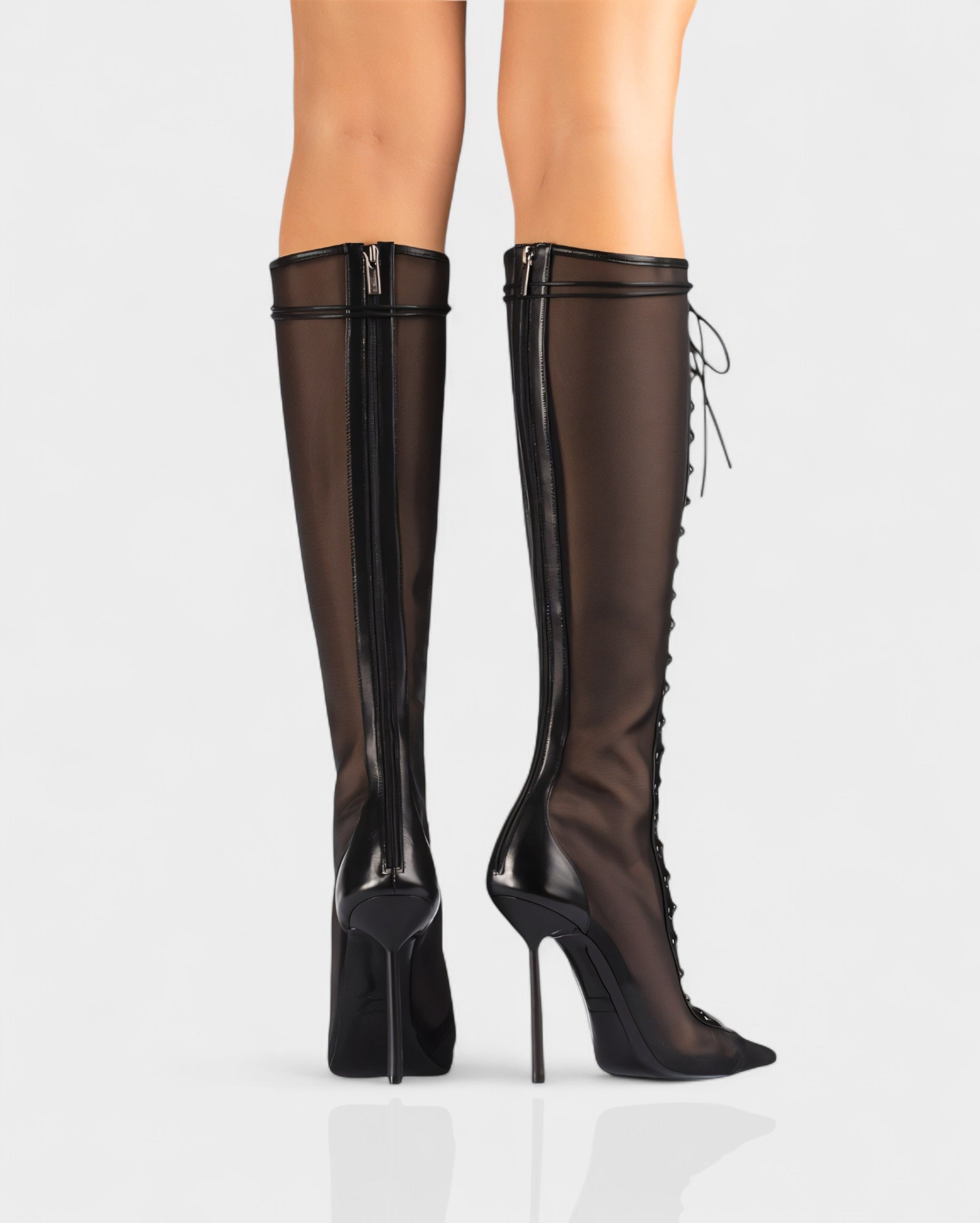 ESCAS | Lace-Up Mesh Knee-High Stiletto Boots