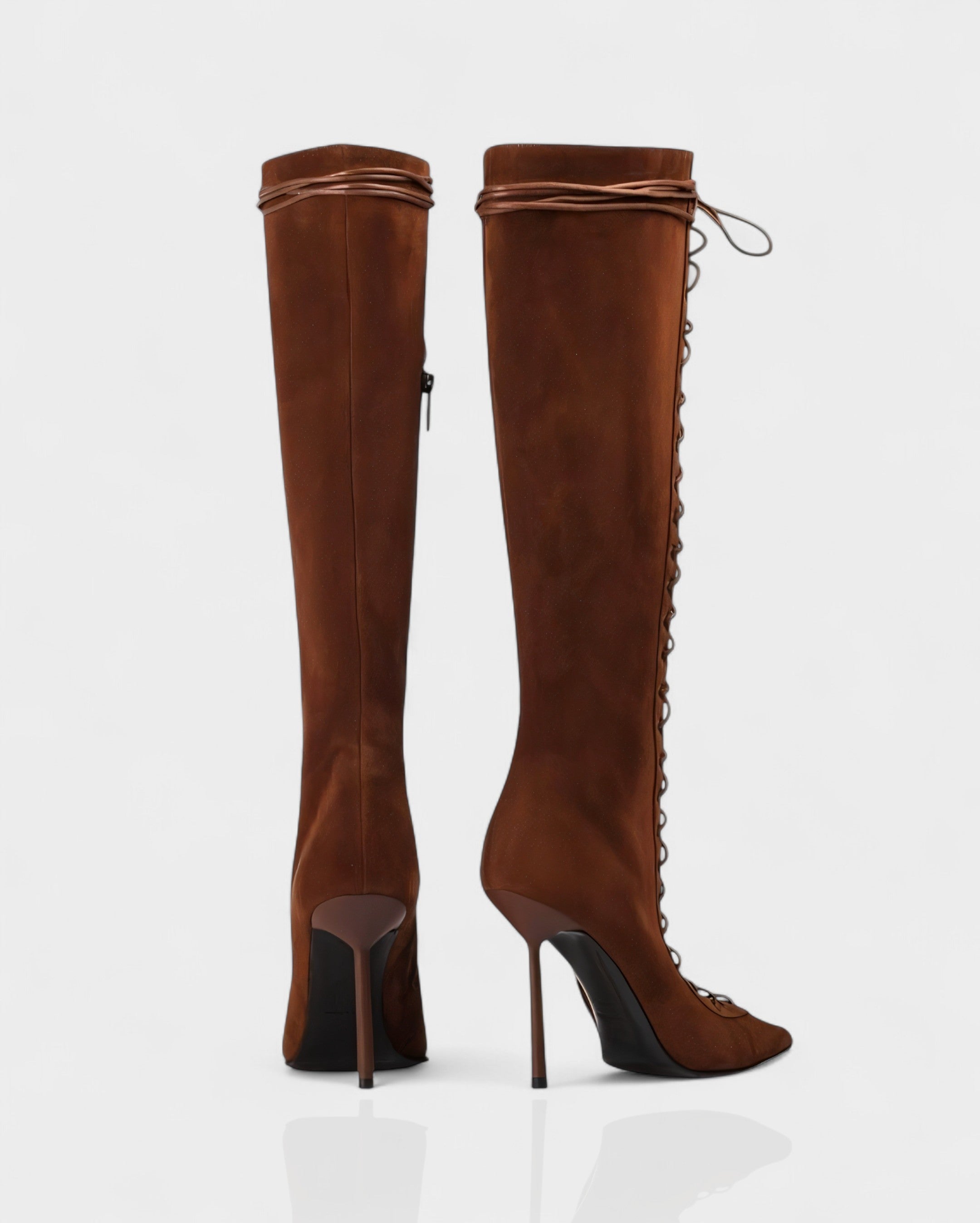 ESCAS | Lace-Up Faux Suede Knee-High Stiletto Boots