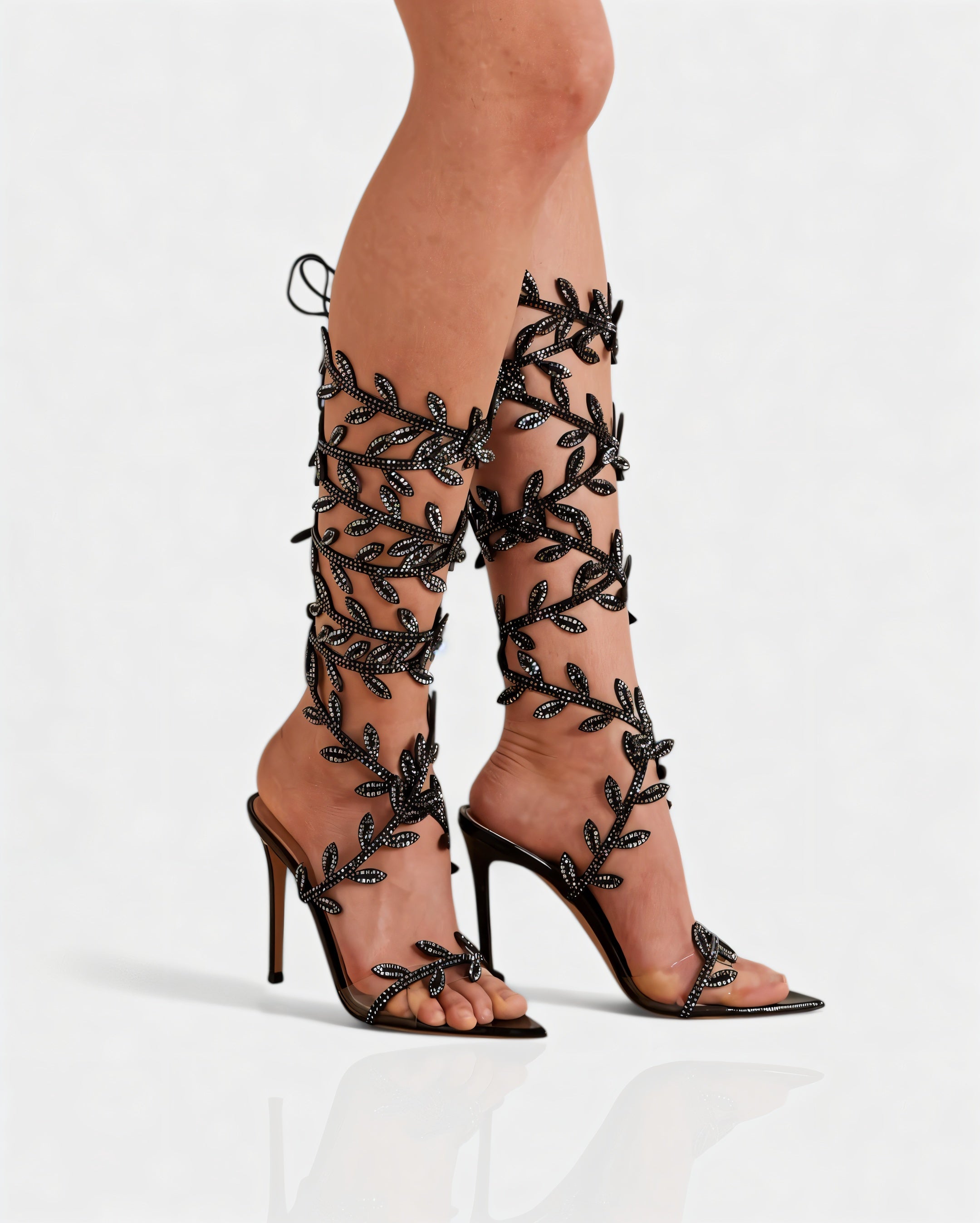 QUINA | Leaf Embellished Lace-Up Stiletto Heels