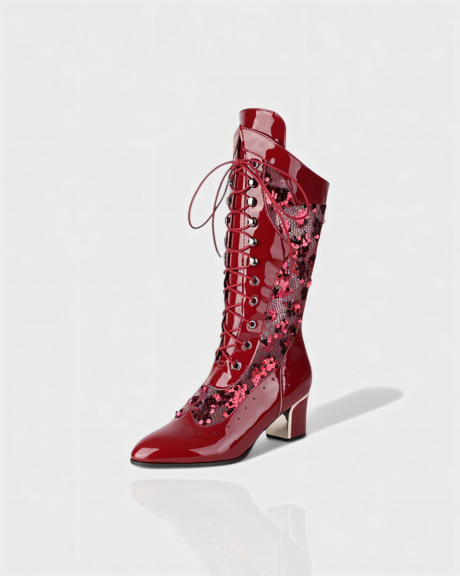AROLA | Lace-Up Embroidered Mid-Calf Boots