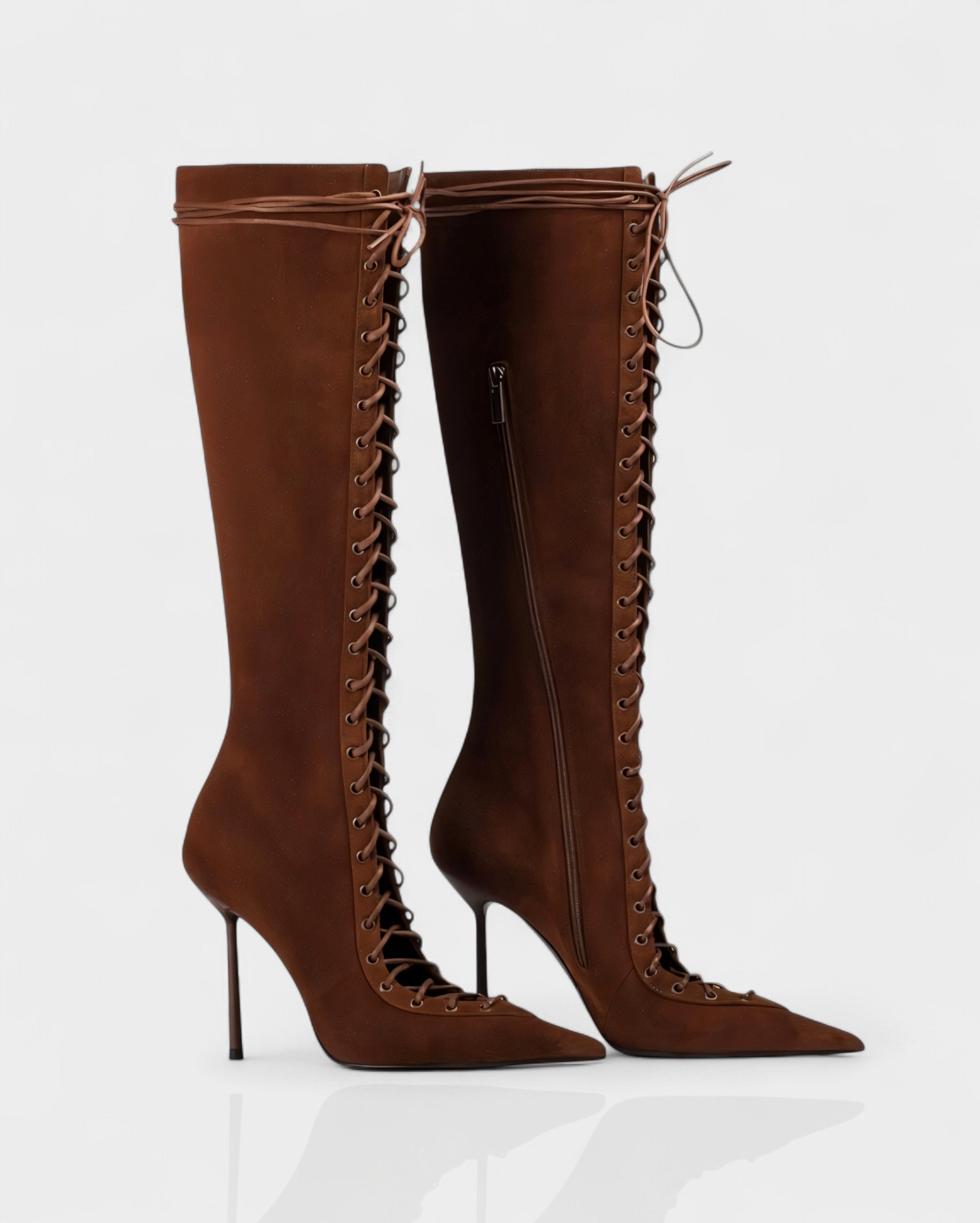 ESCAS | Lace-Up Faux Suede Knee-High Stiletto Boots