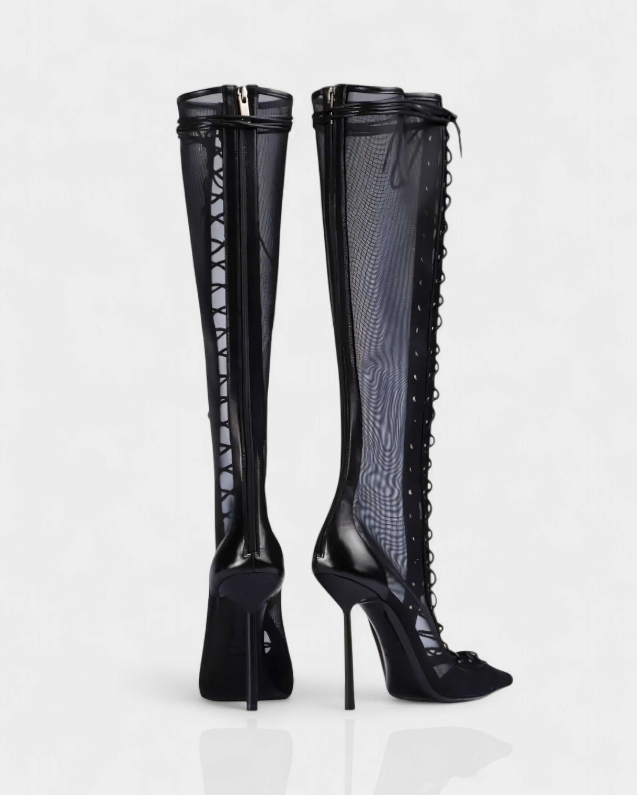 ESCAS | Lace-Up Mesh Knee-High Stiletto Boots