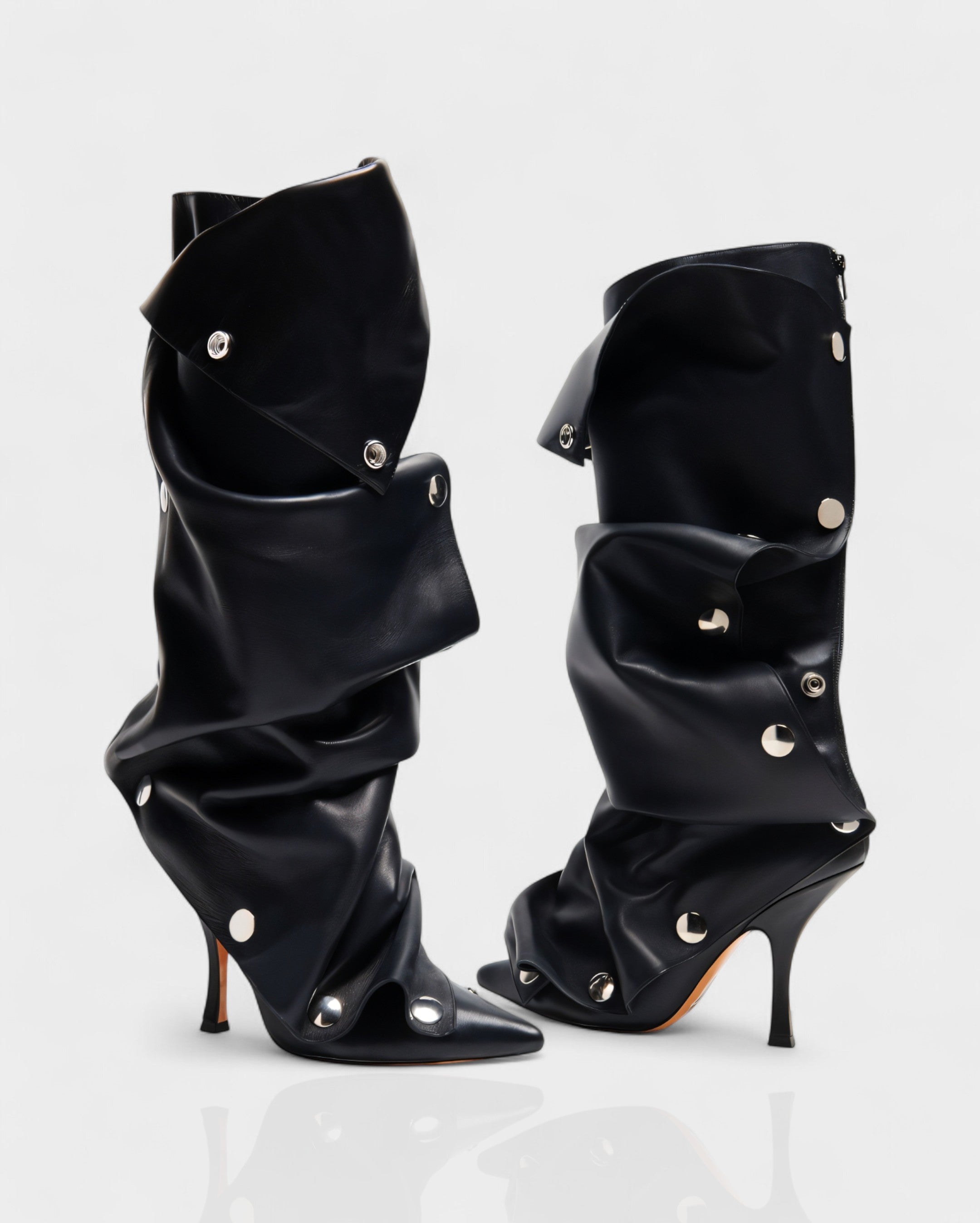 KIVARA | Stiletto Heel Fold-Over Rivet Knee-High Boots