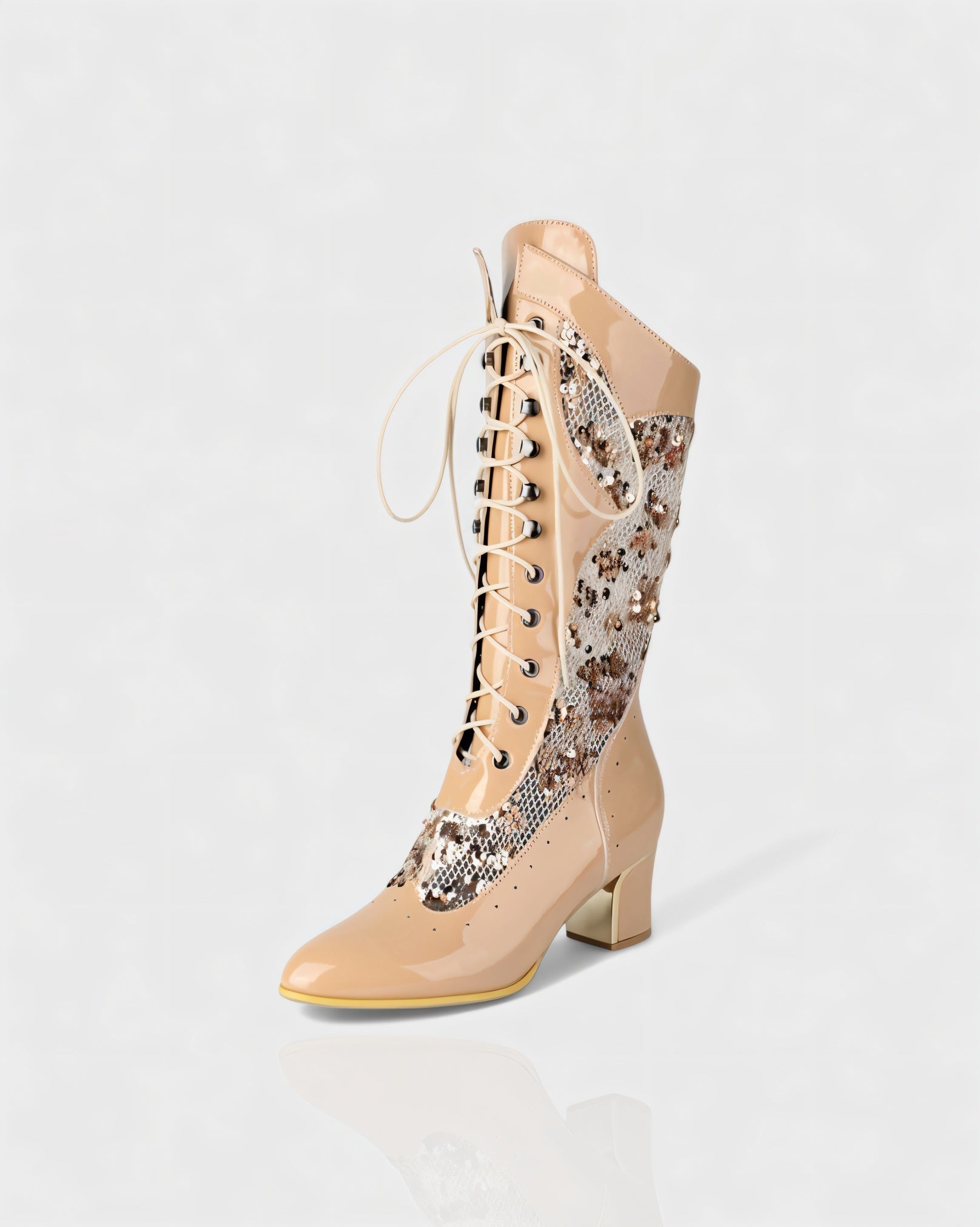 AROLA | Lace-Up Embroidered Mid-Calf Boots