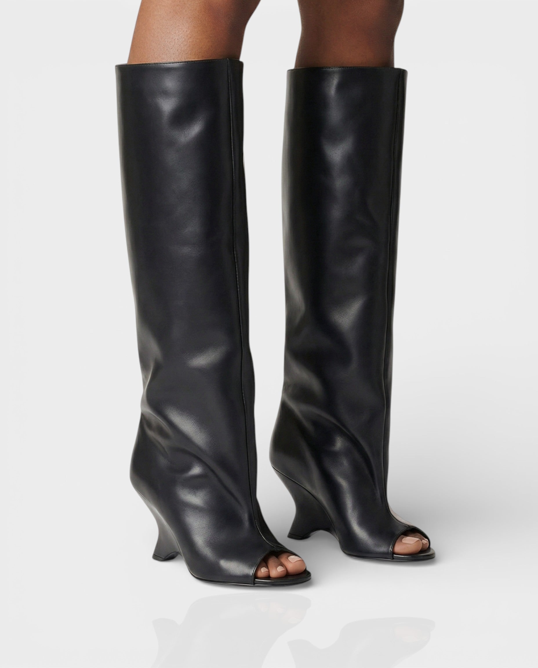 HELIRA | Peep Toe Wedge Knee High Boots