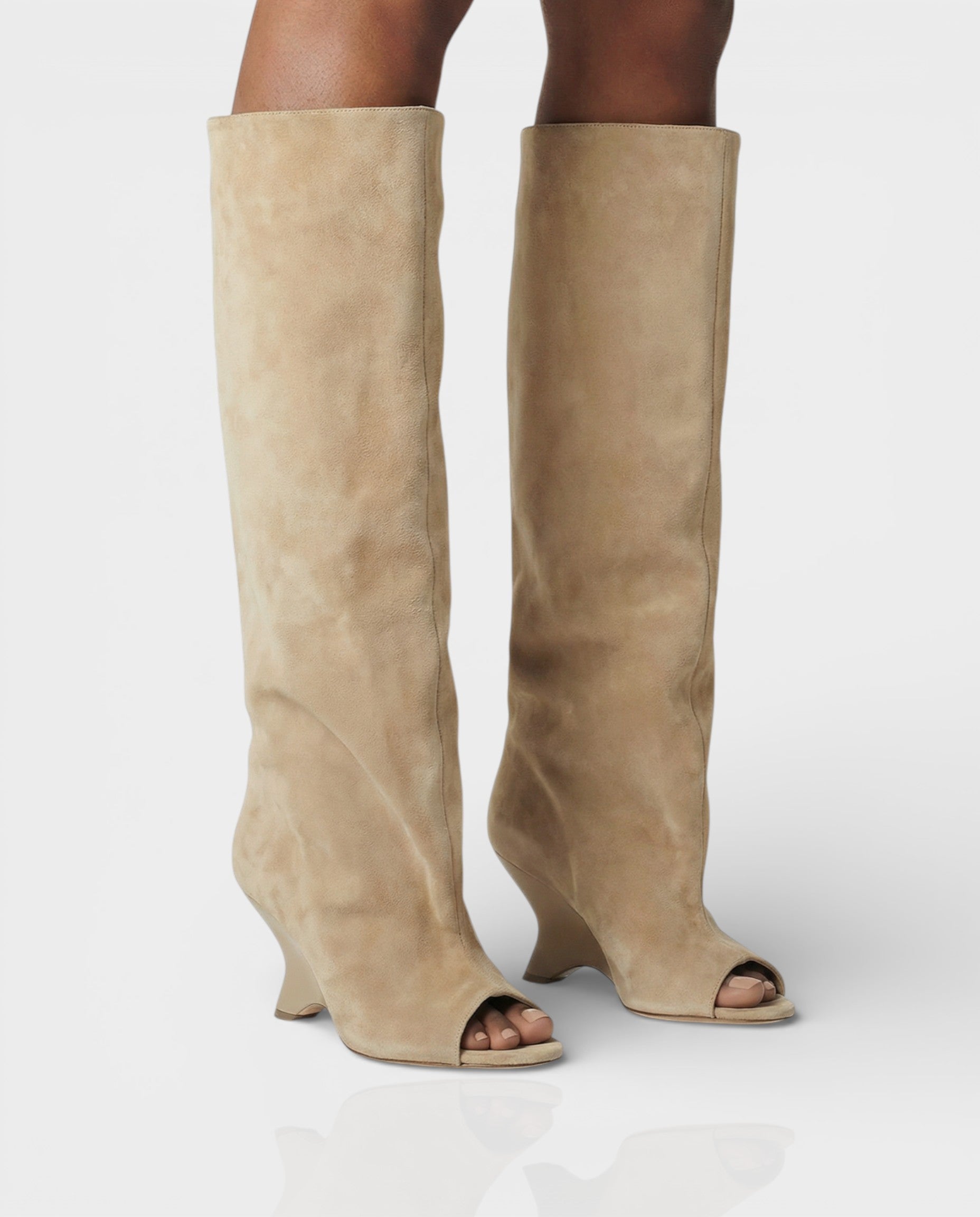 HELIRA | Peep Toe Wedge Knee High Boots