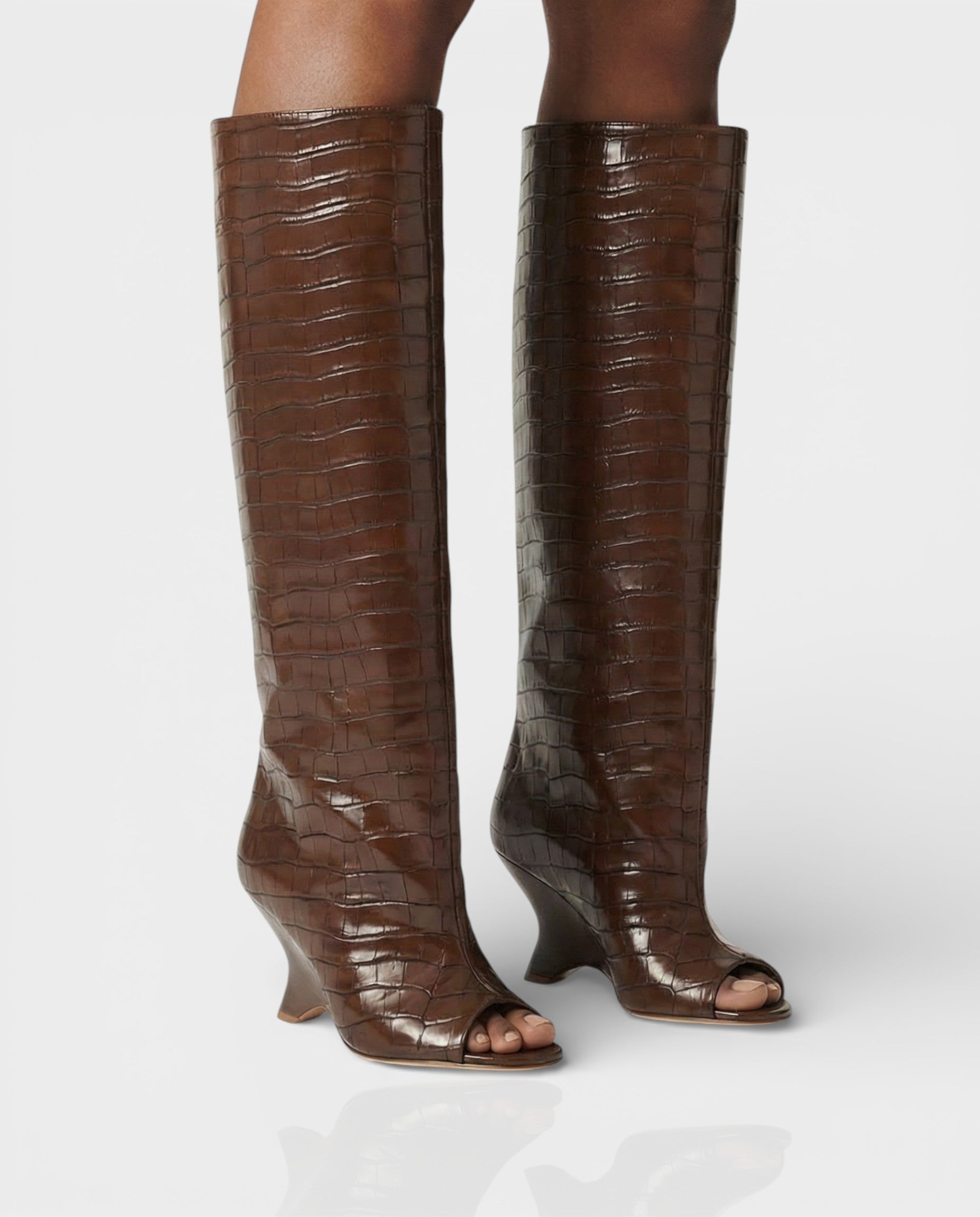HELIRA | Peep Toe Wedge Knee High Boots