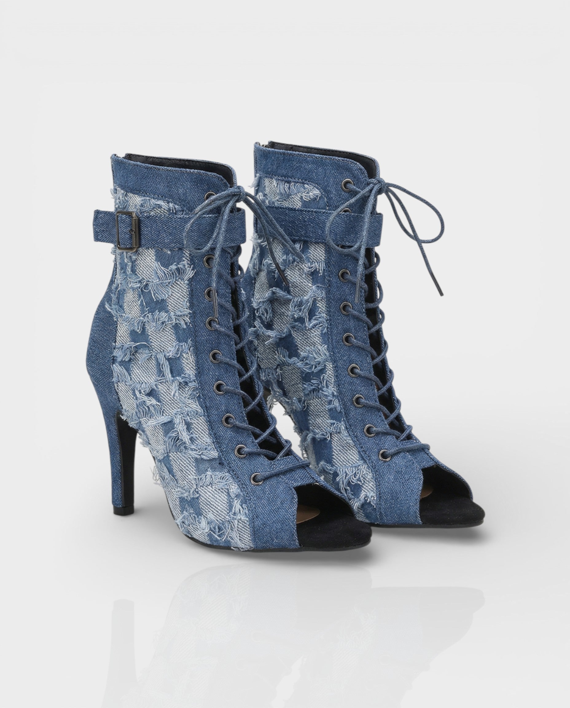 REIKO | Buckled Ankle Strap Lace-Up Denim Boots