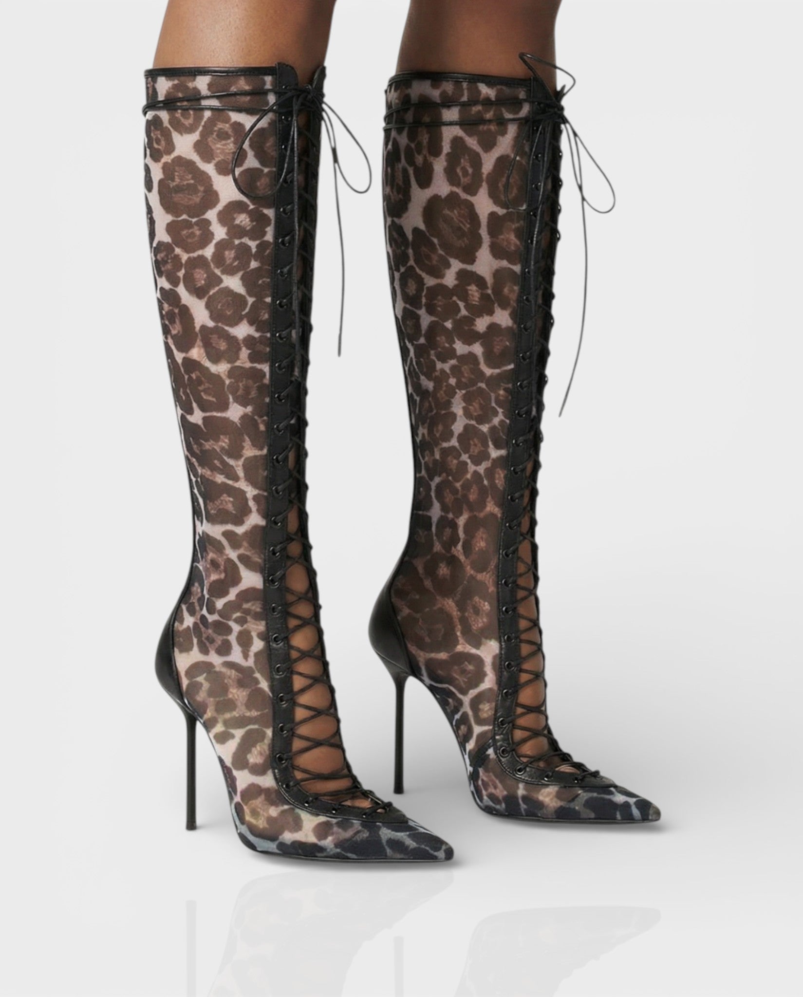 ESCAS | Lace-Up Leopard Print Knee-High Stiletto Boots