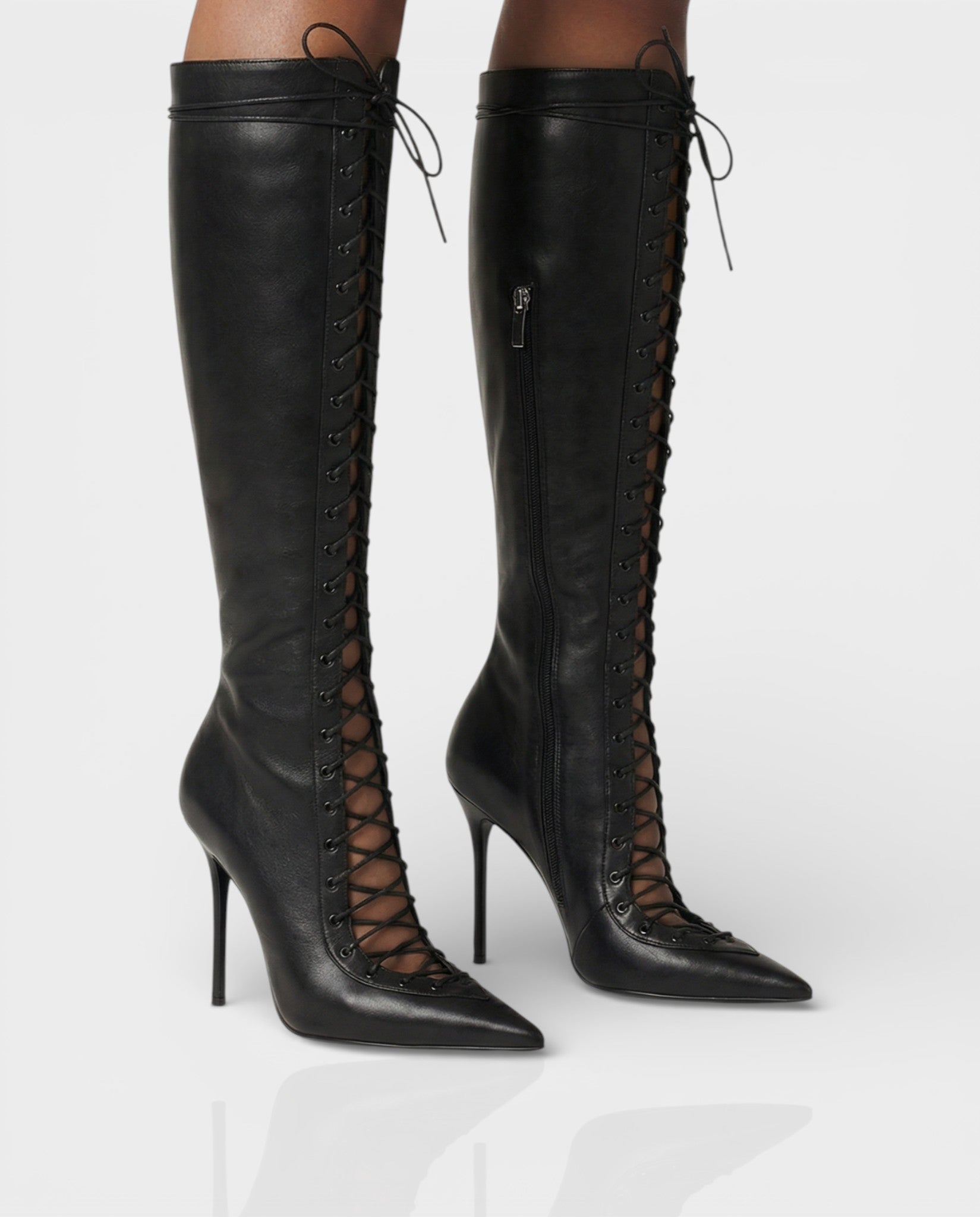 ESCAS | Lace-Up Faux Leather Knee-High Stiletto Boots