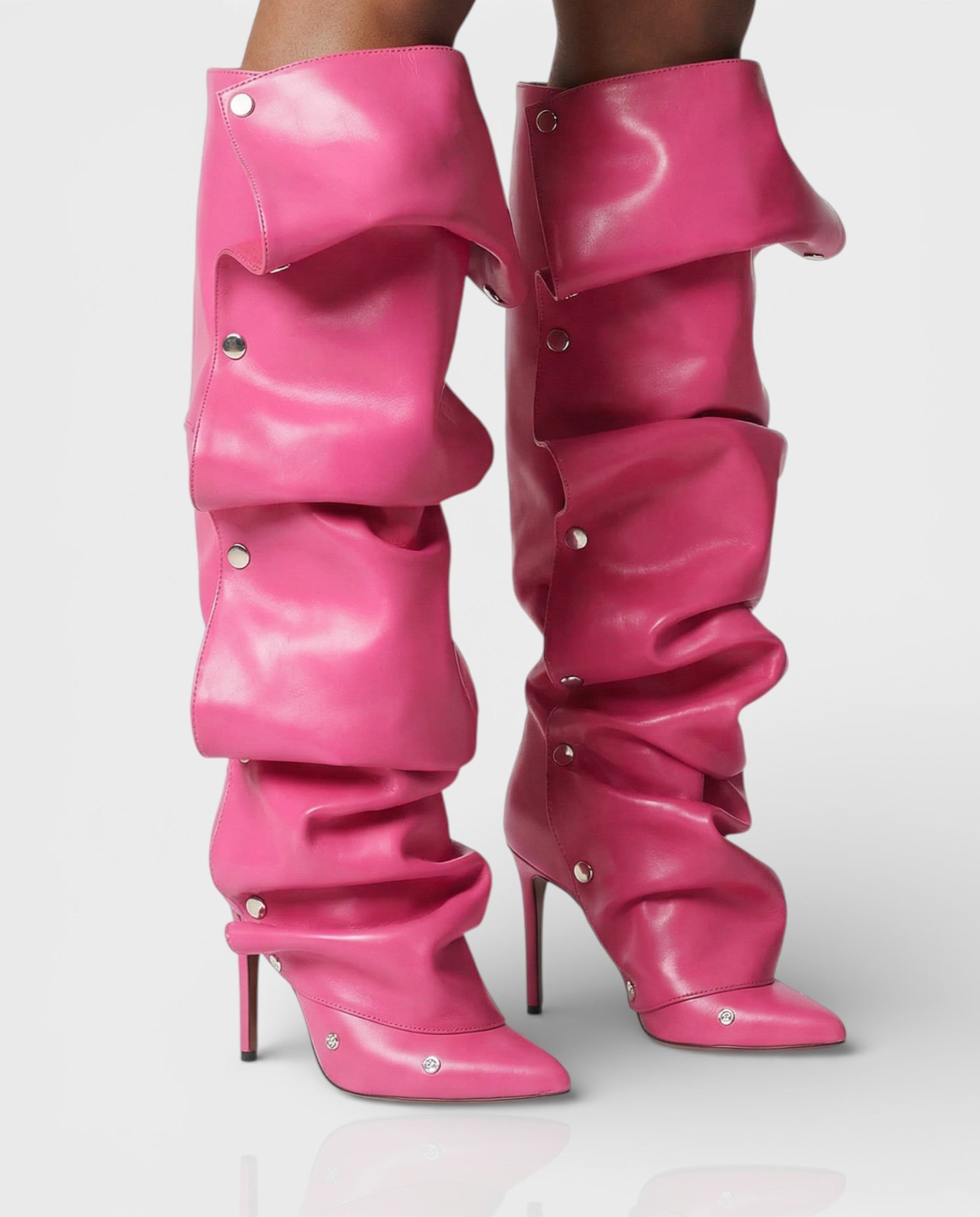 KIVARA | Stiletto Heel Fold-Over Rivet Knee-High Boots