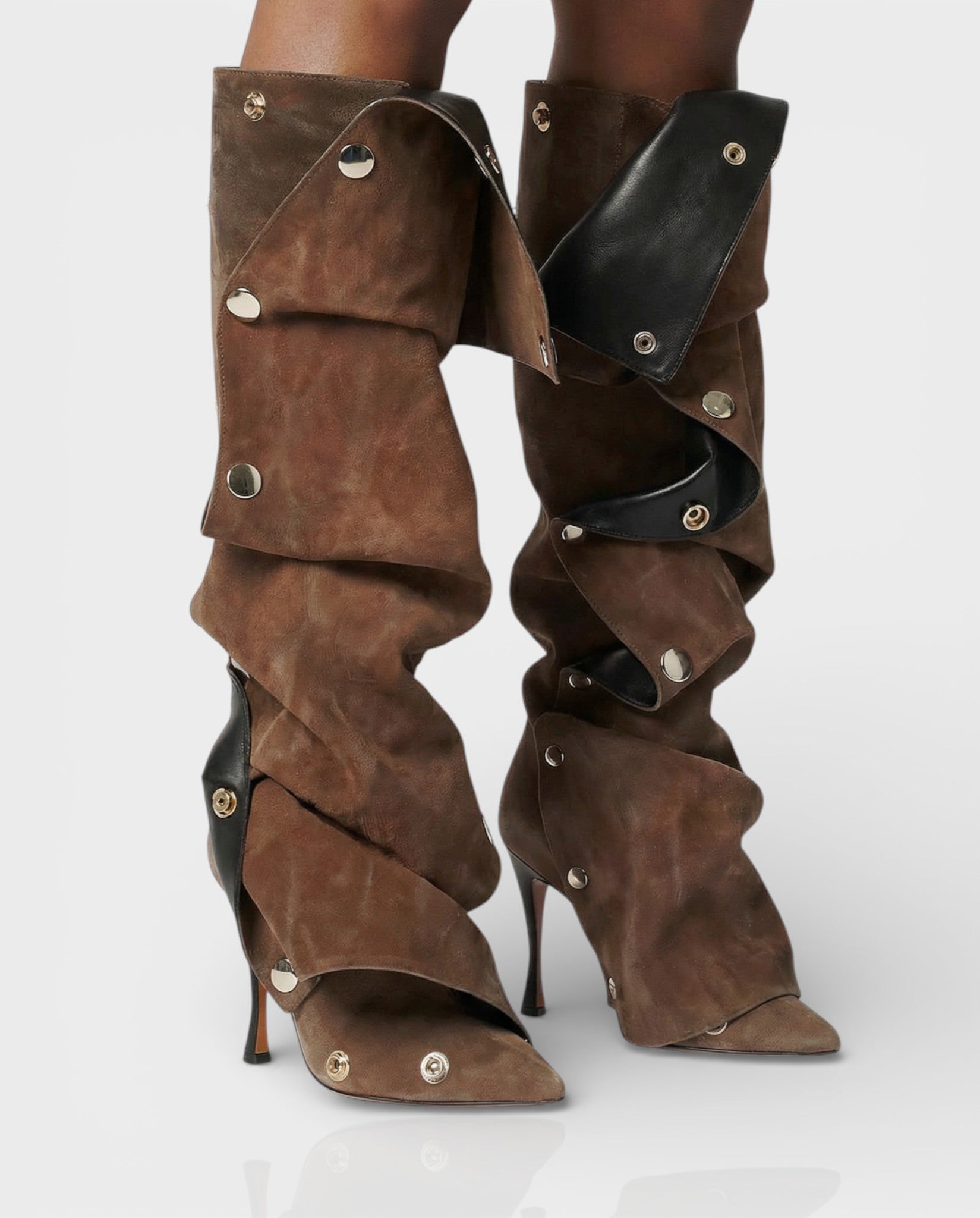 KIVARA | Stiletto Heel Fold-Over Rivet Knee-High Boots