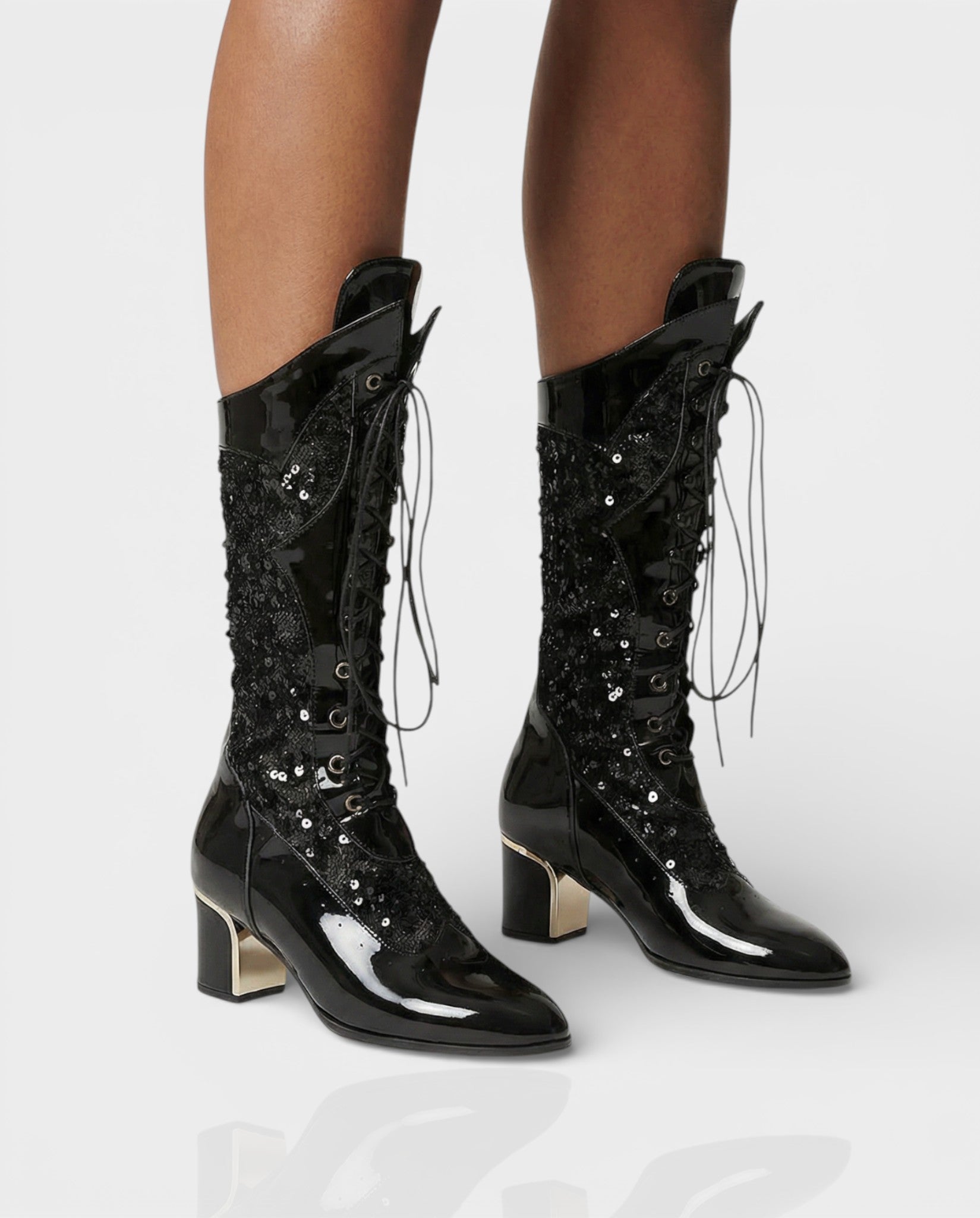AROLA | Lace-Up Embroidered Mid-Calf Boots