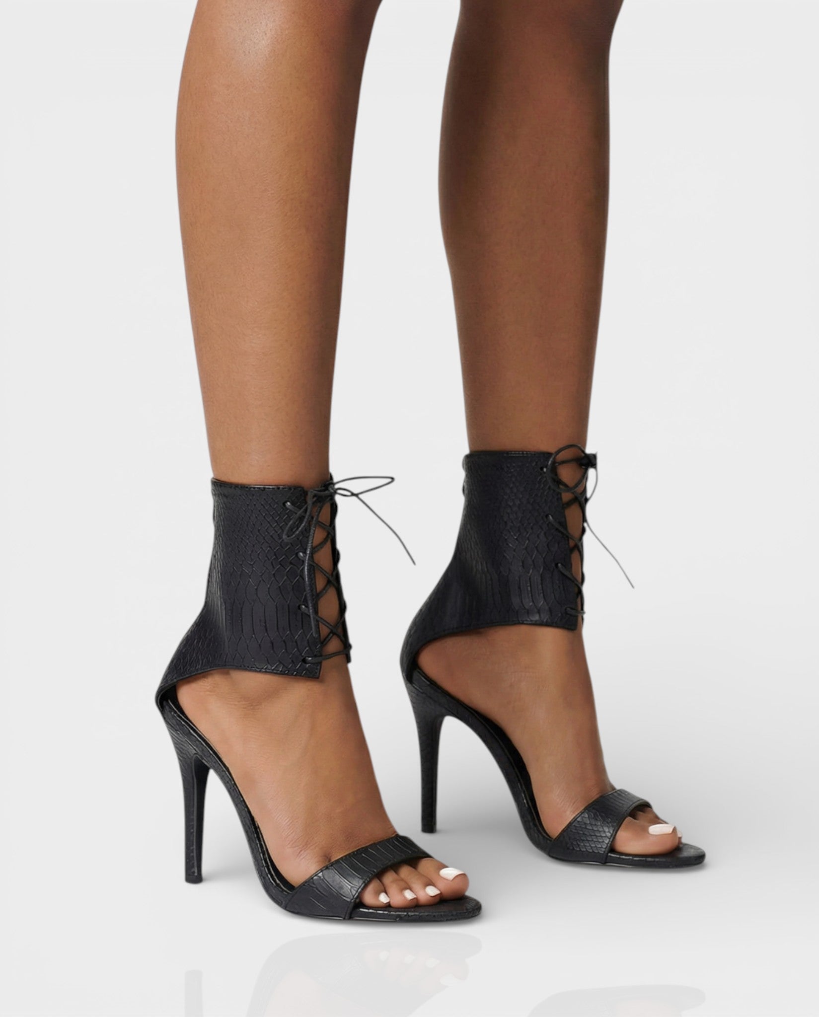 AMITY | Black Faux Snake Skin Lace-Up High Heels