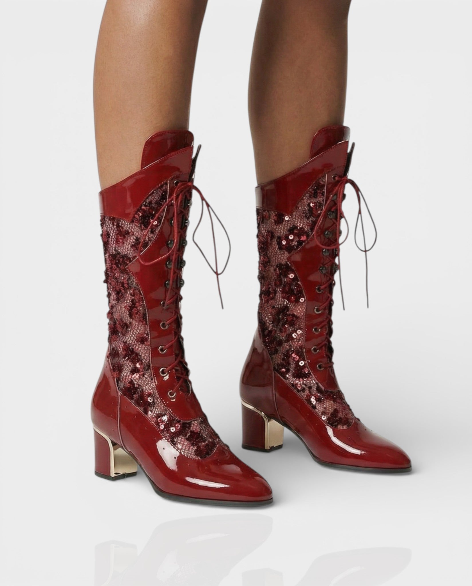 AROLA | Lace-Up Embroidered Mid-Calf Boots