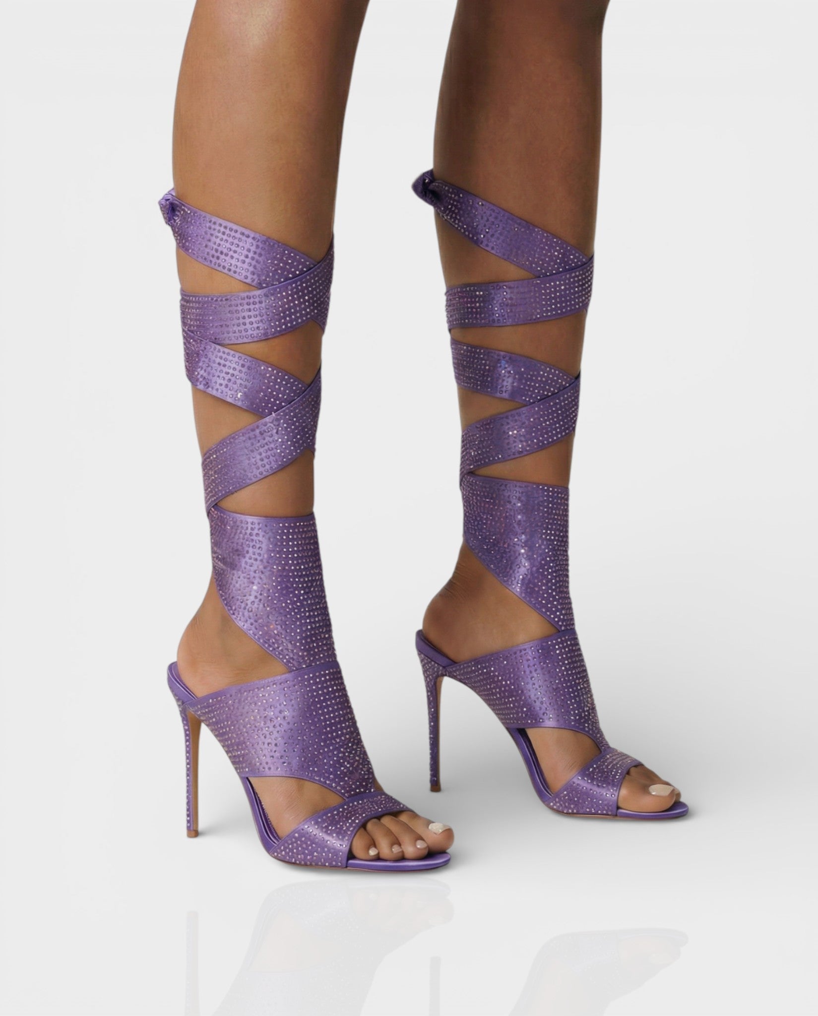 BRIANNE | Square Head Rhinestone Lace-Up Knee High Heels