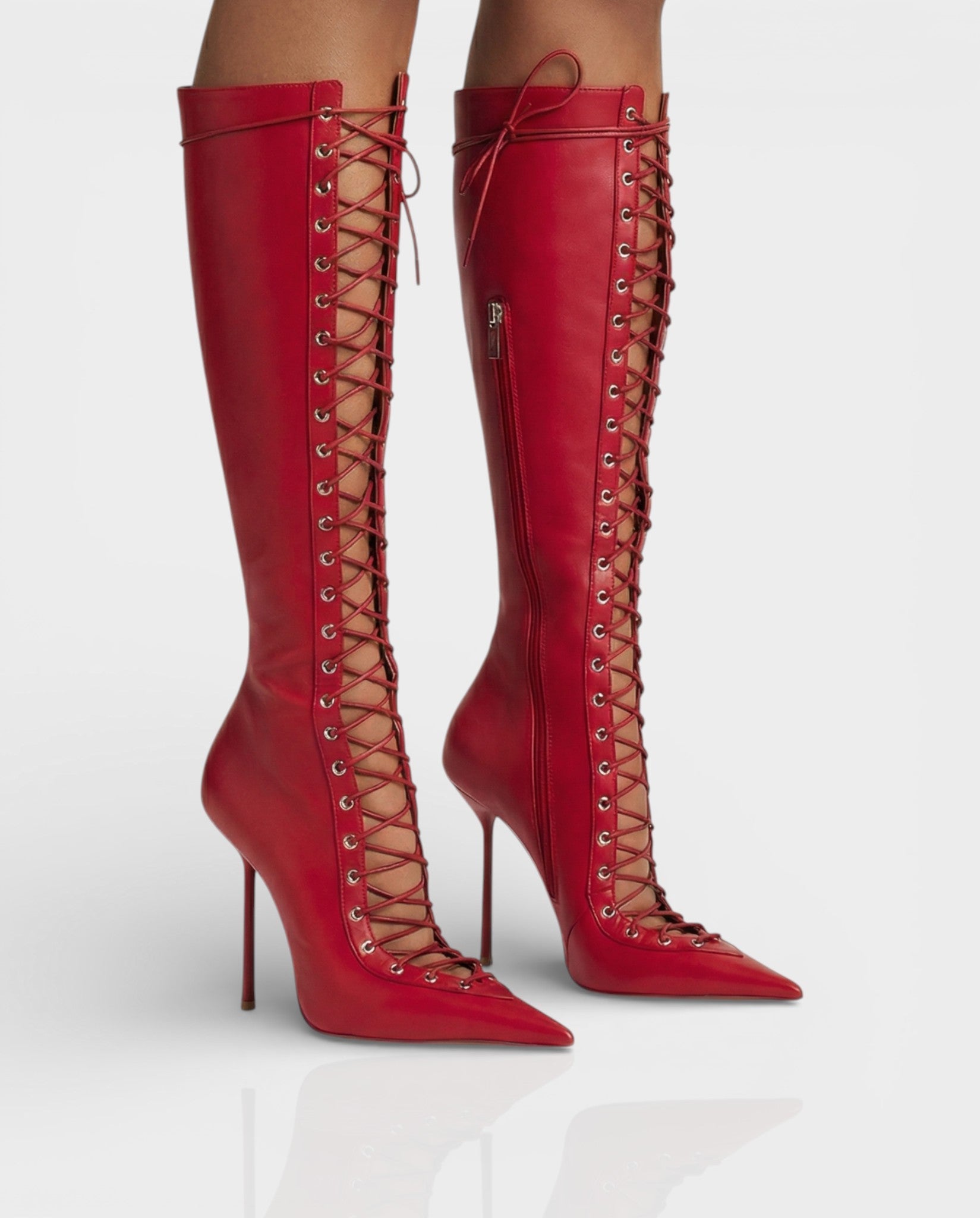 ESCAS | Lace-Up Faux Leather Knee-High Stiletto Boots