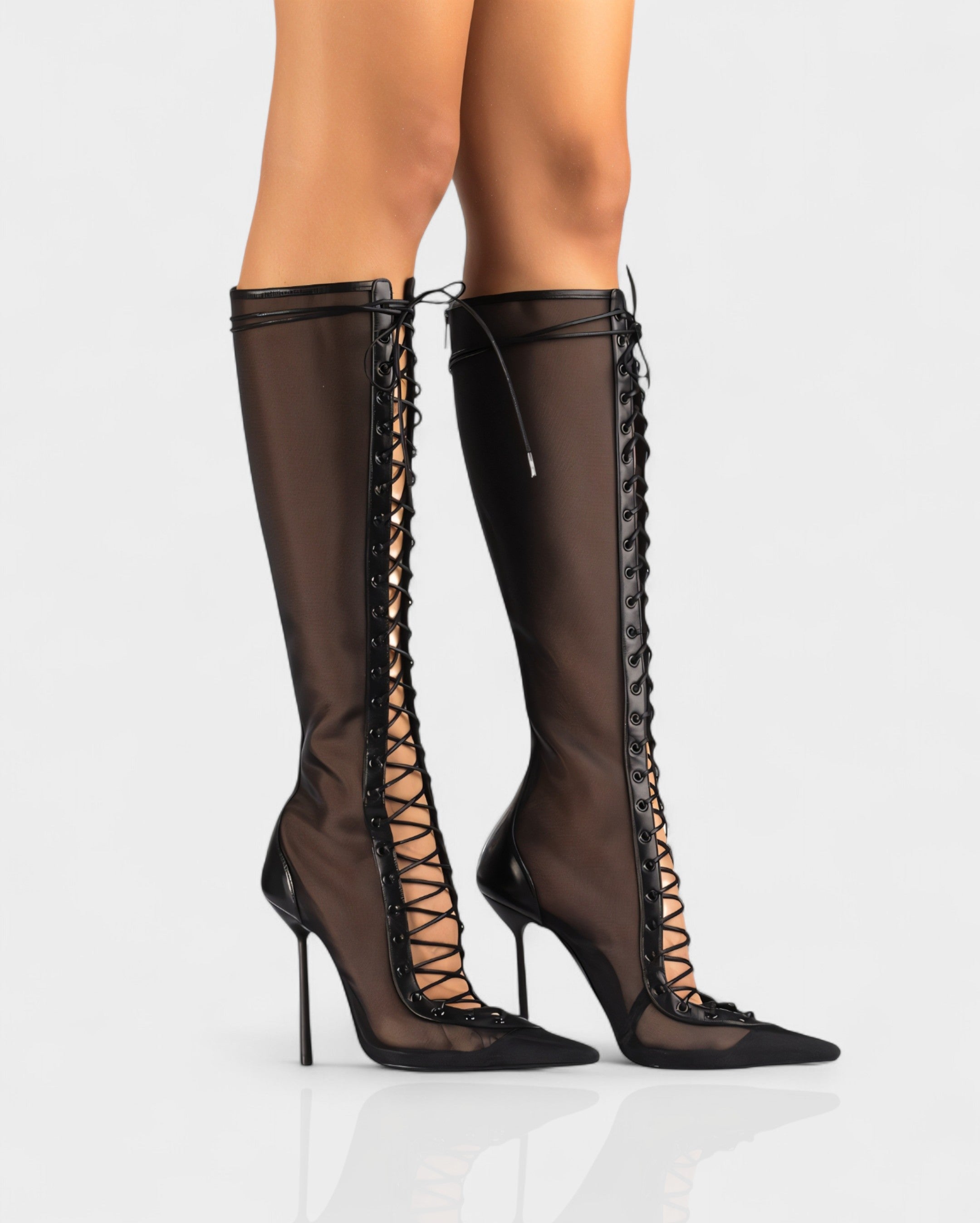 ESCAS | Lace-Up Mesh Knee-High Stiletto Boots