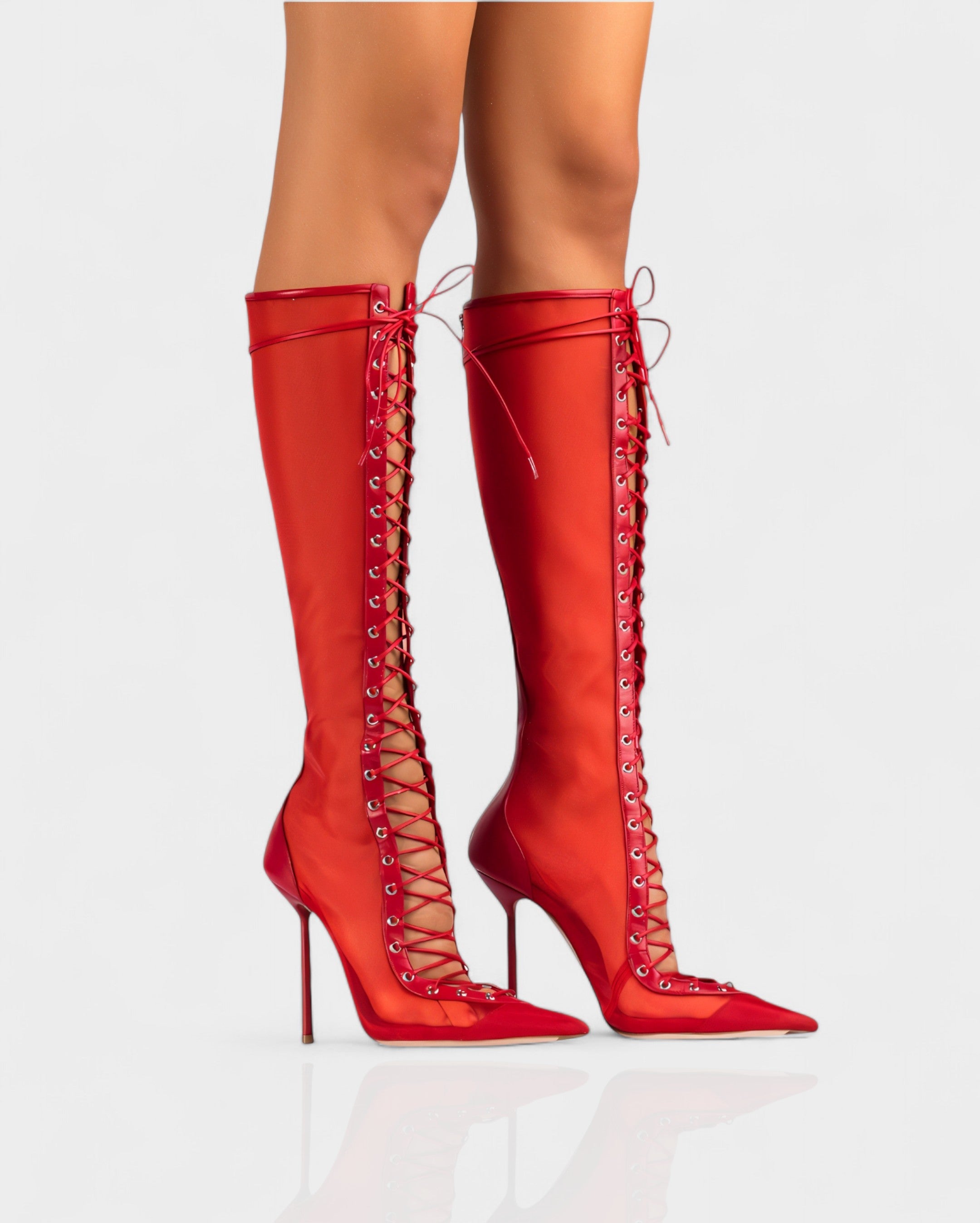 ESCAS | Lace-Up Mesh Knee-High Stiletto Boots