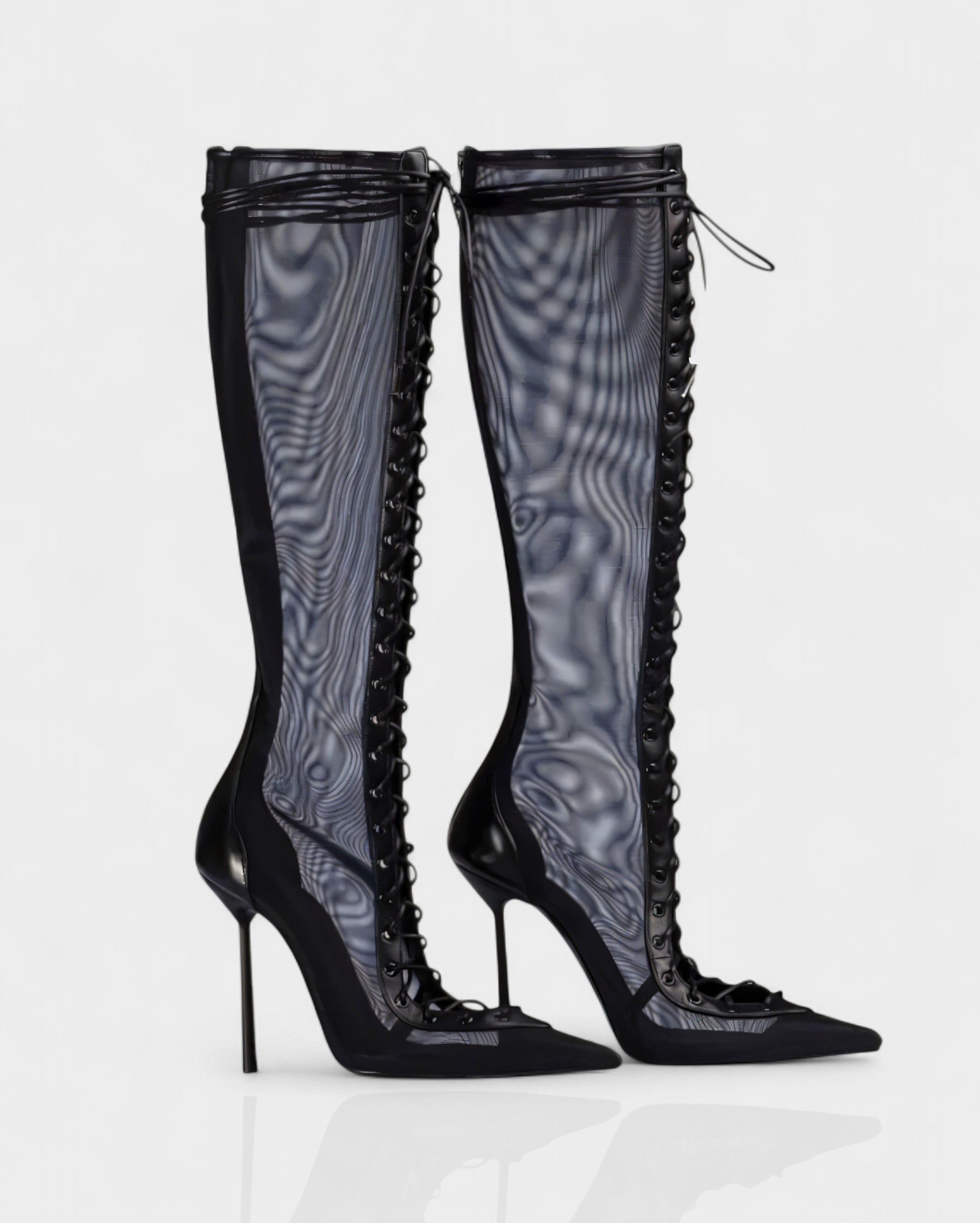 ESCAS | Lace-Up Mesh Knee-High Stiletto Boots