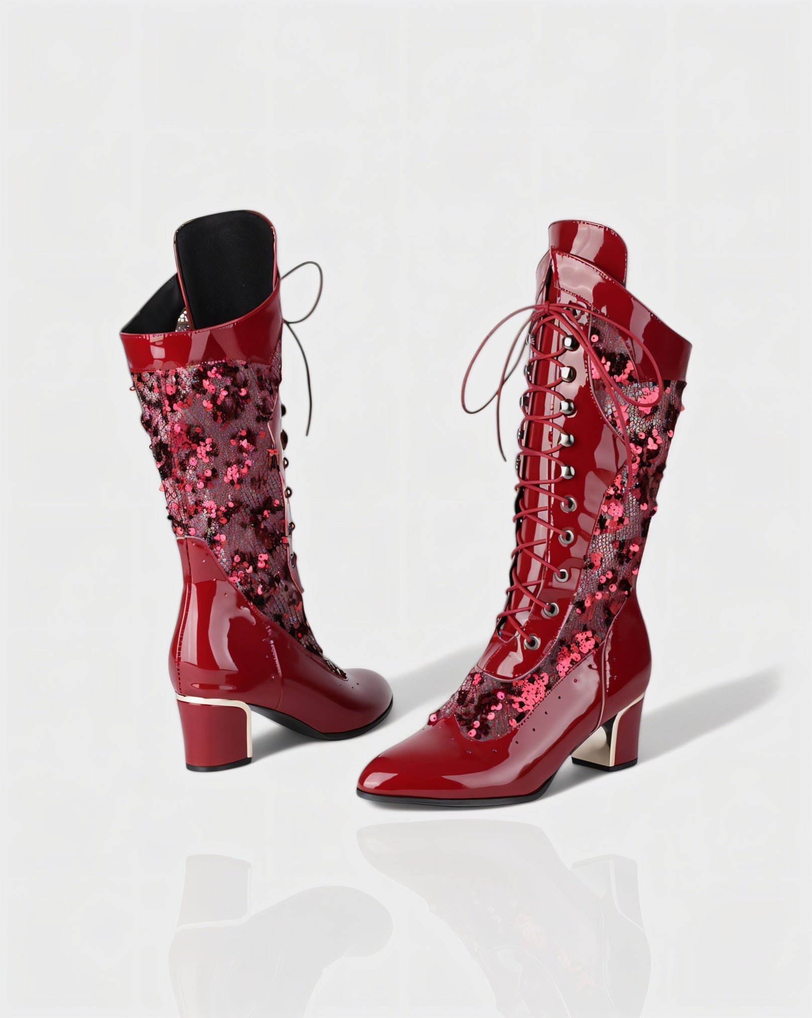 AROLA | Lace-Up Embroidered Mid-Calf Boots