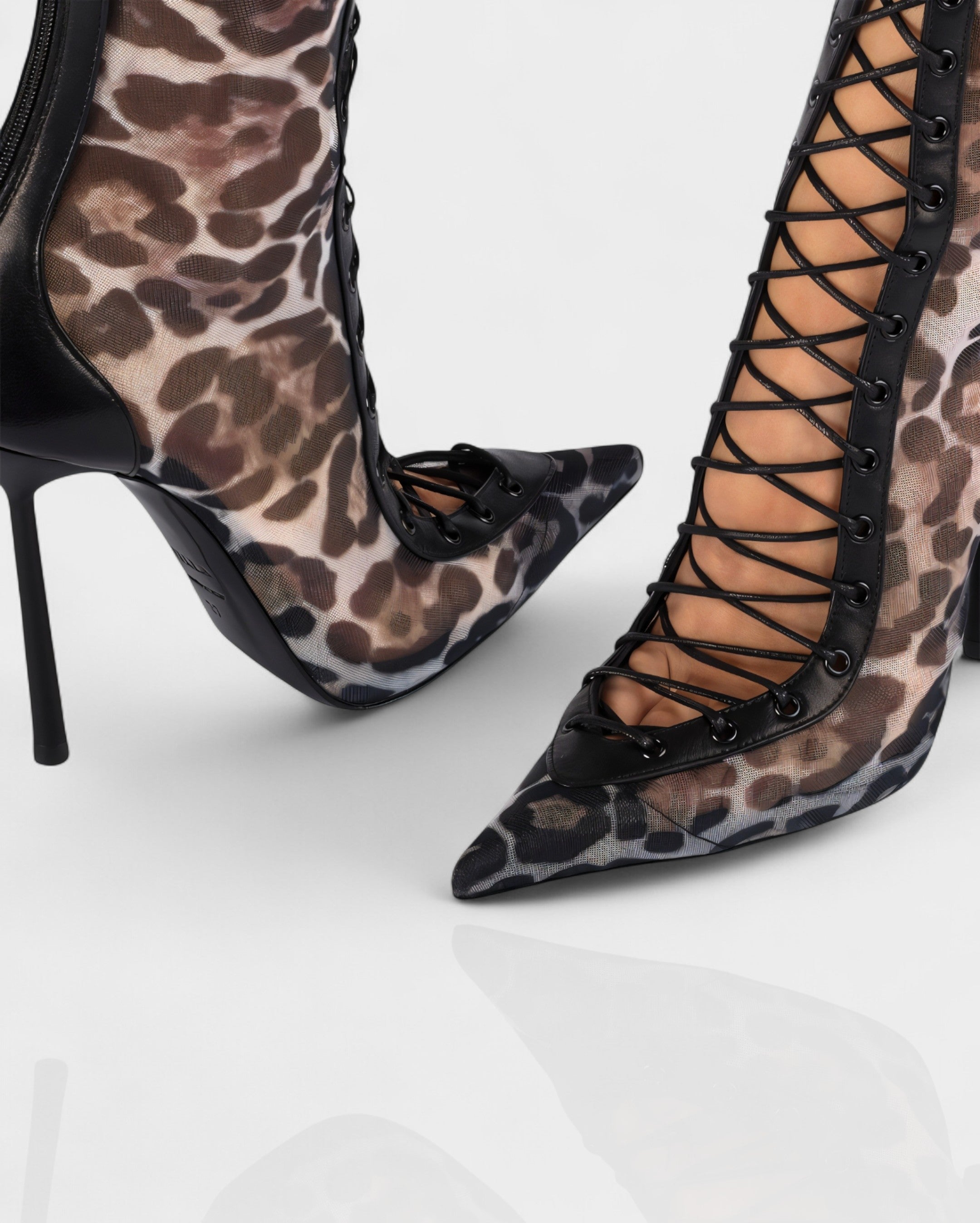 ESCAS | Lace-Up Leopard Print Knee-High Stiletto Boots