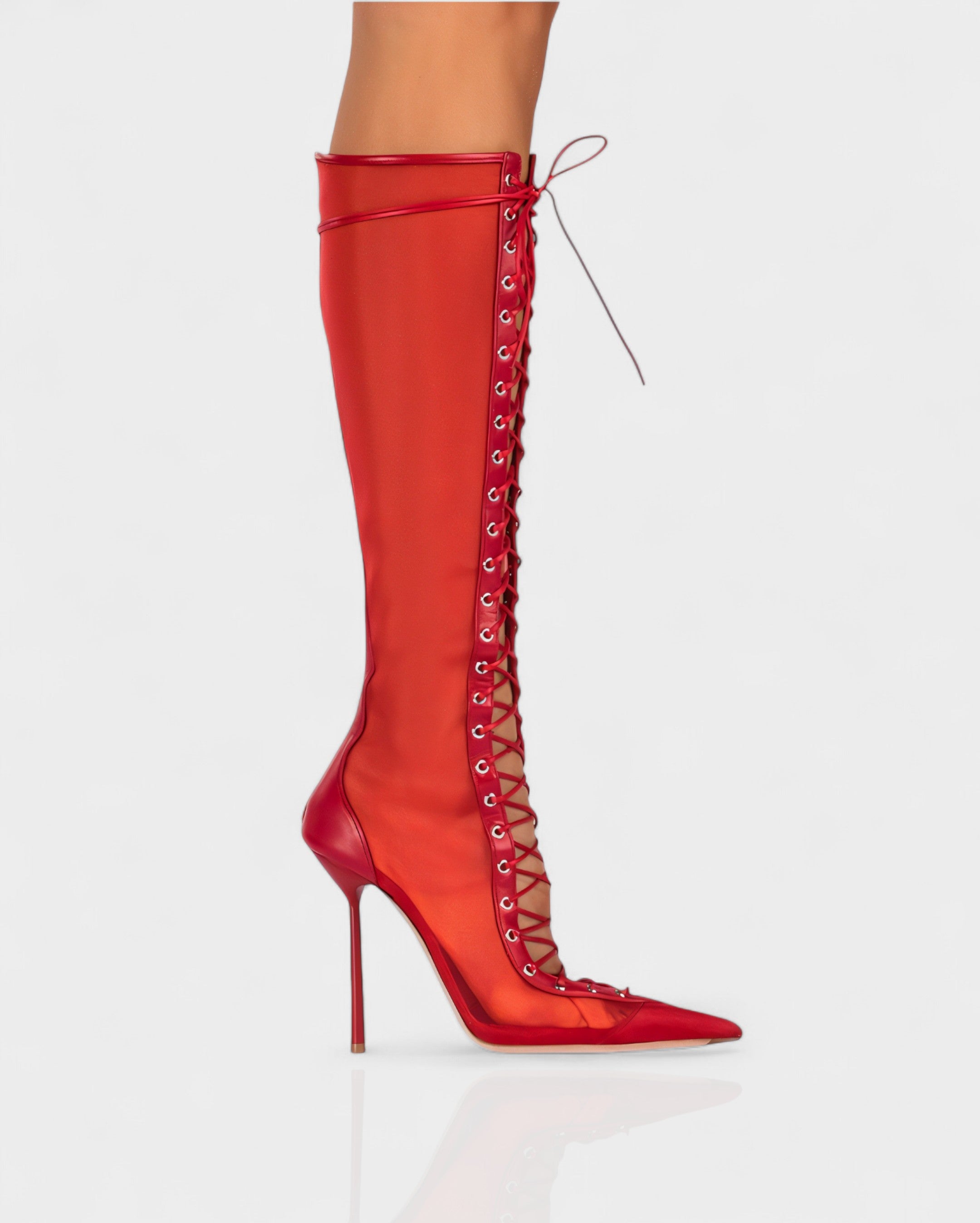 ESCAS | Lace-Up Mesh Knee-High Stiletto Boots